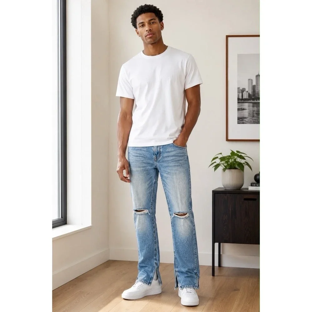 MNML Men's Light Wash Skinny Jeans Distressed Ripped Knee Solid 5-Pocket